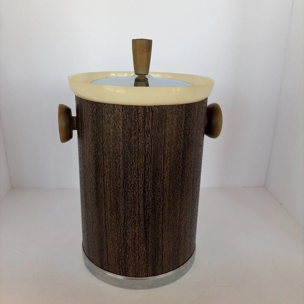 Kromex Mid Century Modern MCM‎ Wood look Chrome Ice Bucket Vintage 11 1/2